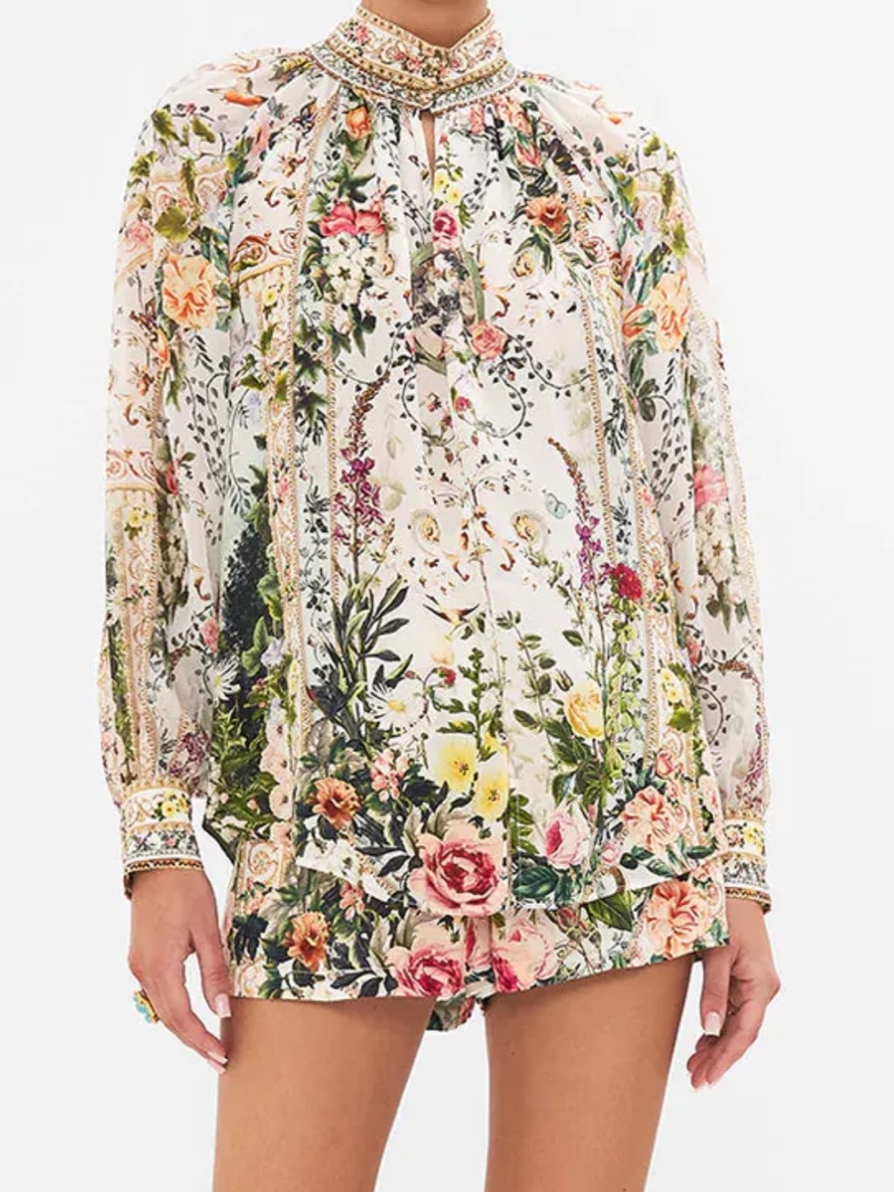Camilla NWT Renaissance Romance ragland button silk shirt high neck jewels Small - Picture 2 of 16